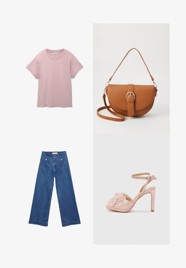Jasnoróżowa koszulka z krótkim rękawem, wykonana z gładkiej bawełny. Posiada okrągły dekolt oraz luźny krój z prostym wykończeniem dołu.; Jeans dżinsowe o szerokich nogawkach w średnim niebieskim odcieniu, z dwiema przednimi kieszeniami zapinanymi na guziki oraz przeszyciami wzdłuż dołów nogawek.; Jasnoróżowe satynowe sandały na wysokim obcasie z falbaniastym detalem z tiulu ozdobionym sztucznymi perłami, z zapięciem na kostce i otwartym noskiem.; Brązowa skórzana torba na ramię o zaokrąglonym kształcie, ze złotymi akcentami i zapięciem w formie klamry. Posiada odpinany pasek na ramię.