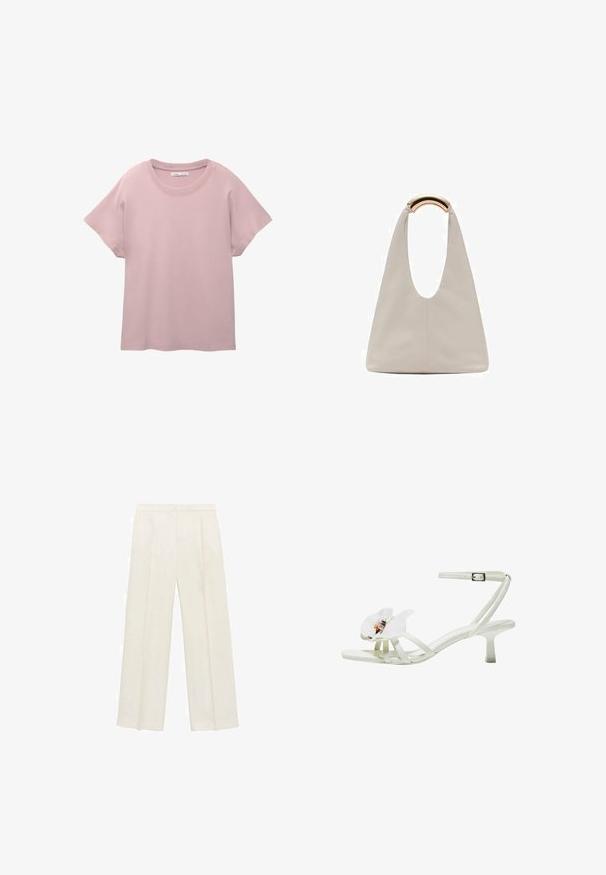 Světle růžové tričko s krátkým rukávem vyrobené z hladkého bavlněného materiálu. Má kulatý výstřih a volný střih s rovnou spodní linií.; Kalhoty s širokými nohavicemi v světle krémové barvě. Vyrobené z hladké tkaniny s záhyby vpředu a bočními kapsami.; Bílé sandály na podpatku vyrobené z texturovaného materiálu, s širokým květinovým akcentem na špičce, tenkými řemínky a středním jehlovým podpatkem.; Světlá šedá kožená taška s U-tvarovaným designem a zakřivenou kovovou rukojetí. Hladký povrch s minimálním šitím a bez viditelných vzorů.