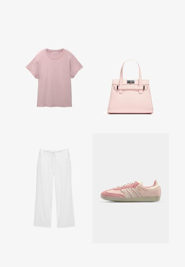 T-shirt rosa chiaro a maniche corte realizzato in cotone morbido. Presenta un colletto rotondo e una vestibilità comoda con un orlo dritto.; Pantaloni bianchi a gamba larga realizzati in un tessuto morbido, con vita elastica dotata di cordino e due tasche laterali. Design semplice e pulito.; adidas Originals SAMBA OG - Sneakers basse - quartz/off white/mauve; Borsa a mano strutturata di colore rosa, realizzata in pelle testurizzata, con due manici superiori, chiusura a scatto e dettagli metallici a contrasto.