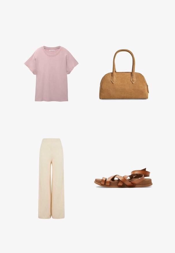 Lys rosa kortærmet t-shirt lavet af glat bomuld. Har en rund hals og en afslappet pasform med en lige skæring på kanten.; Cremefarvede bukser med vidde lavet af blødt stof, med elastisk talje og struktureret ribbet detalje ved ærmerne.; Brune lædersandaler med krydsede stropper, flade såler og let hævet hæl. Blød tekstur og minimalistisk design.; Tan ruskinds håndtaske med en struktureret form, der har to håndtag, trekantede udskæringer og en lynlås på toppen til lukning.