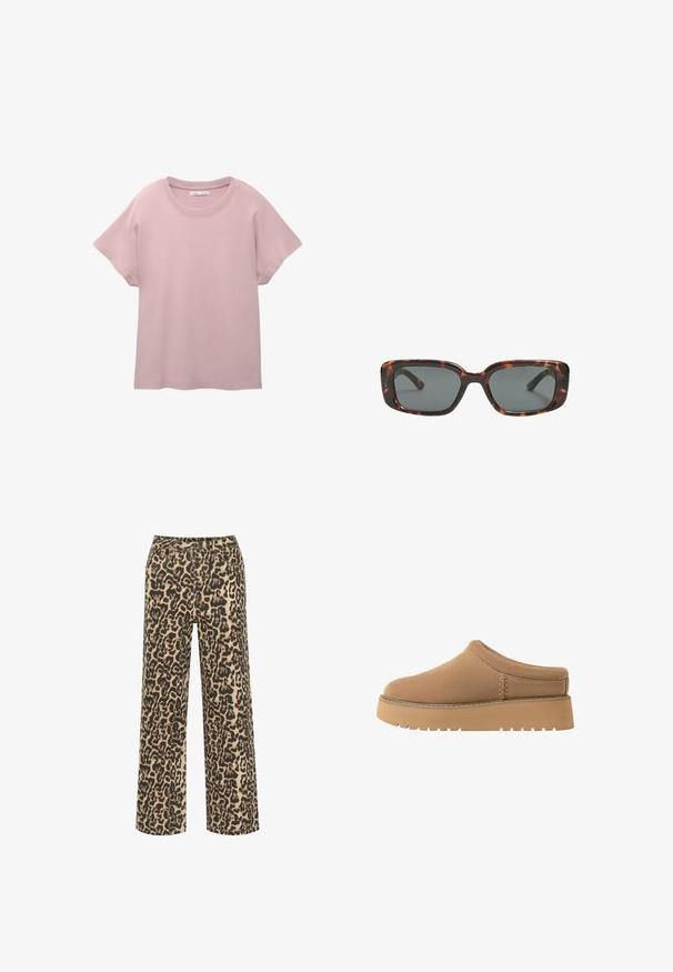 Helles rosa T-Shirt mit kurzen Ärmeln aus glattem Baumwollstoff. Es hat einen runden Ausschnitt und eine lässige Passform mit einem geraden Saum.; Beige und schwarze weit geschnittene Hosen im Leopardenmuster, mit Knopfverschluss und mehreren Taschen, aus einem strukturierten Stoff gefertigt.; Braune Slipper aus weichem Material, mit runder Zehenpartie und dicker, gerippter Sohle. Mit dezenter Naht an der Seite.; Sonnenbrille im Schildpatt-Design mit rechteckigen Gläsern, dicken Rahmen und dunkelgetönten Gläsern. Glatte Textur und minimalistisches Design.