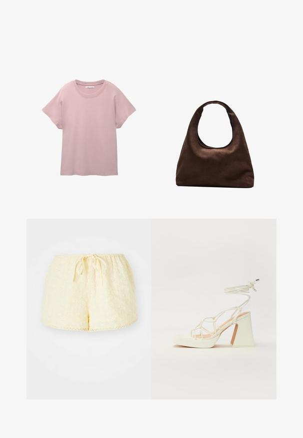 Světle růžové tričko s krátkým rukávem vyrobené z hladkého bavlněného materiálu. Má kulatý výstřih a volný střih s rovnou spodní linií.; Žluté bavlněné šortky s elastickým pasem a šňůrkou na stažení. Obsahují vyšívané květinové vzory a detail s vlnkovým lemem.; Bílé sandály na vysokém podpatku s robustním podpatkem, s designem s pásky a zavazováním kolem kotníku. Hladký povrch s platformou vpředu pro zvýšení výšky.; Měkká hnědá kabelka ve stylu hobo s jedním širokým popruhem a zakřiveným horním otvorem, vystavená na bílém pozadí.