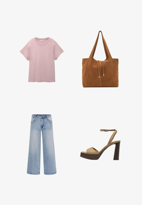 Světle růžové tričko s krátkým rukávem vyrobené z hladké bavlny. Má kulatý výstřih a uvolněný střih s rovně střiženým lemem.; Svetlomodré široké džínsy s vysokým pásom, piatimi vreckami a kontrastným prešitím. Vyrobené z denimu s hladkou textúrou.; Bežové semišové sandále na vysokom opätku s širokým predným pásom a pásikom okolo členka, ktoré majú masívny drevený blokový opätok s textúrovaným povrchom.; Hnedá suedená taška s širším otvorom, predĺženými popruhmi a sťahovacou šnúrkou s kovovými akcentmi. Hladká textúra s minimálnymi švami.