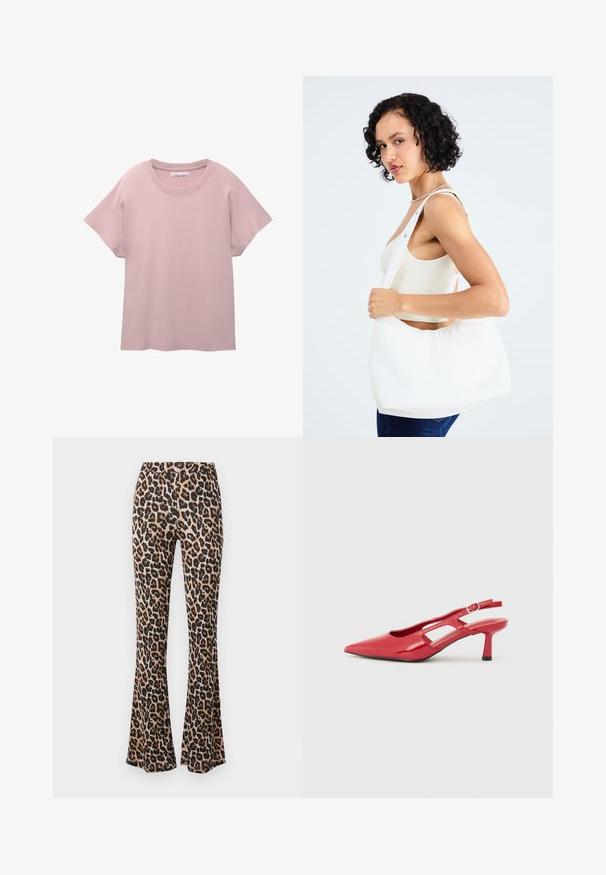 Jasnoróżowa koszulka z krótkim rękawem, wykonana z gładkiej bawełny. Posiada okrągły dekolt oraz luźny krój z prostym wykończeniem dołu.; Spodnie w print lamparta w kolorze beżowym i czarnym, wykonane z miękkiego materiału o gładkiej fakturze, z dopasowaną talią i rozszerzanym dołem.; Czerwone lakierowane buty na obcasie typu slingback z wąskim noskiem, wysokim obcasem i wycięciami dla wentylacji. Regulowany pasek dla zapewnienia pewnego dopasowania.; Biała torba na ramię wykonana z gładkiego materiału, z owalnym wycięciem i szerokim paskiem. Prosta i nowoczesna, bez widocznych elementów ozdobnych.