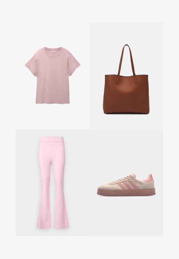 Svijetloružičasta kratkotrajna majica od glatkog pamuka. Ima okrugli izrez i opušteni kroj s ravnim rubom.; Gina Tricot SOFT TOUCH FOLDED TROUSERS - Hlače - pink lady; Bežsuede tenisice s svijetloružičastim akcentima, teksturiranom gumiranom potplatom i tri ružičaste pruge sa strane. Zaobljeni vrh i dizajn s vezanjem.; Smeđa kožna torba preko ramena s glatkom teksturom, otvorenim vrhom i dvjema naramenicama. Ima minimalne šavove i nema vidljivog hardvera.