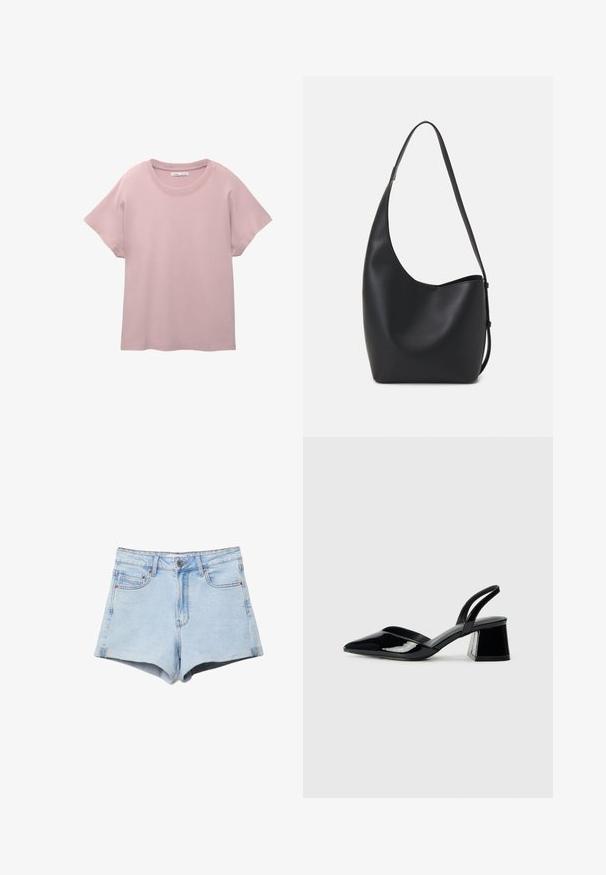 Svijetloružičasta kratkotrajna majica od glatkog pamuka. Ima okrugli izrez i opušteni kroj s ravnim rubom.; Svijetloplave traper kratke hlače s visokim strukom, četiri džepa i bakrenim detaljima. Tkanina ima glatku teksturu i čiste rubove.; Crne lakirane kožne sandale s otvorenom petom i špicastim vrhom, s geometrijskom blok petom. Imaju elegantan, minimalistički dizajn i glatku teksturu.; Crna kožna hobo torba s glatkom teksturom, zakrivljenim oblikom i jednom podesivom trakicom; ima širok otvor na vrhu.