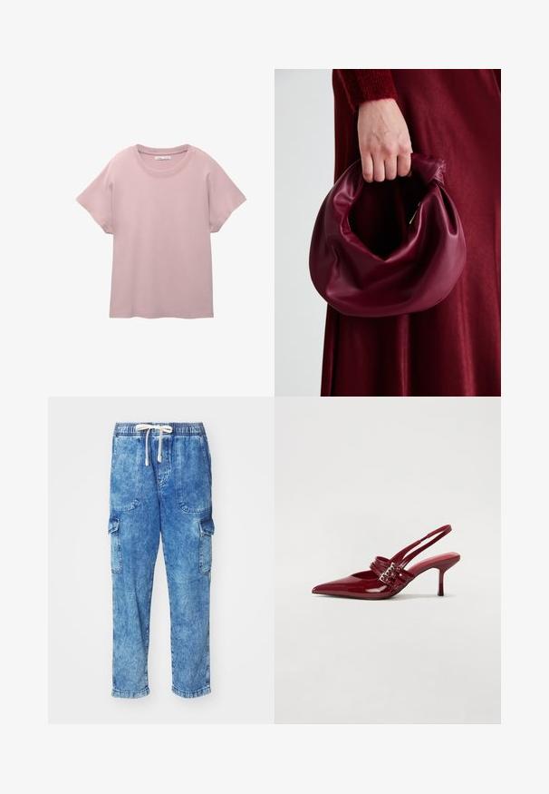 Tricou scurt cu mâneci scurte, de culoare roz deschis, realizat din bumbac neted. Dispune de un guler rotund și o croială lejeră, cu un tiv drept.; Pantaloni cargo din denim albastru deschis, cu talie elastică, închidere cu șnur și două buzunare laterale. Prezintă un singur buzunar cargo pe piciorul stâng.; Pantofi cu toc slingback din piele roșie lacuită, cu vârf ascutit, două curele cu cataramă și un toc subțire, de înălțime medie. Textură netedă.; Geantă de mână din piele burgundă, cu un design moale și pliat și o formă rotundă. Mânerele sunt securizate, evidențiind o textură netedă.