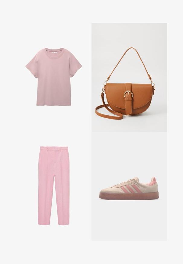 Světle růžové tričko s krátkým rukávem vyrobené z hladkého bavlněného materiálu. Má kulatý výstřih a volný střih s rovnou spodní linií.; Světlé růžové kalhoty vyrobené z texturované látky, s rovnými nohavicemi, poutky na pásek a předními šikmými kapsami. Bez viditelných vzorů.; Béžové semišové tenisky s světle růžovými akcenty, texturovaná gumová podrážka a tři růžové pruhy po straně. Zakulacená špička a šněrovací design.; Hnědá kožená křížová taška s zakřiveným tvarem, zlatými detaily a akcentem s přezkou. Obsahuje odnímatelný popruh na rameno.