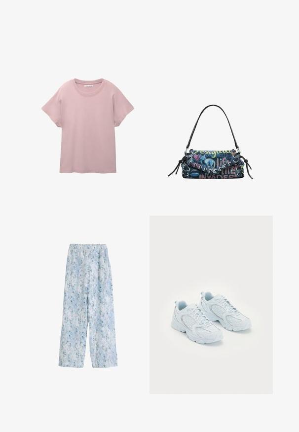 Světle růžové tričko s krátkým rukávem vyrobené z hladké bavlny. Má kulatý výstřih a uvolněný střih s rovně střiženým lemem.; Svetlo modré široké nohavice so vzorom a elastickým pásom, s kvetinovým motívom a vertikálnymi líniami, vyrobené z jemnej textílie.; Svetlo modré športové topánky s sieťovinovým a syntetickým zvrškom, s bielymi bodkami a reflexnými prvkami, so šnurovaním a polstrovanou podrážkou.; Čierno-biely plátenný kabelka s multicolorovým dizajnom, zobrazením mačky a vytlačeným textom, s obľúbeným zakriveným tvarom, horným uchom a dekoratívnymi šnúrovacími detailmi.