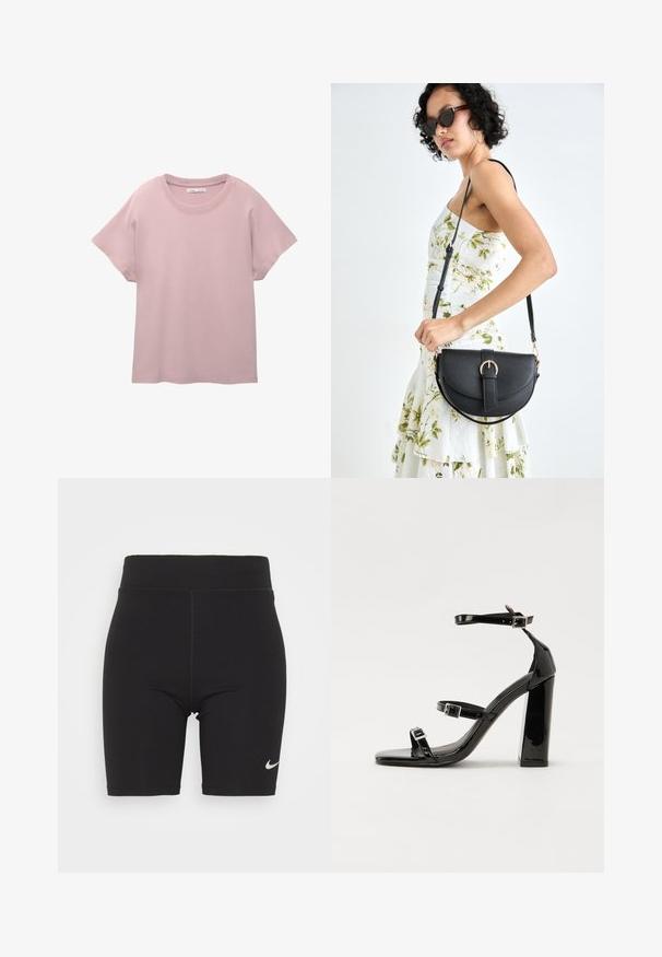 Világos rózsaszín, rövid ujjú póló sima pamutból. Kerek nyakkivágással és lazább fitnesz stílussal rendelkezik, egyenes szabású aljjal.; Fekete biciklisan shorts, rugalmas anyagból, magas derékkal és látható varrásokkal. Az egyik lábon egy kis ezüst Nike logó található.; Fekete lakk magas sarkú szandál négyzet alakú orral, bokapántokkal és ezüst csatokat tartalmaz. Masszív blokk sarka a stabilitásért felel.; Fekete bőrtáska ívelt formával, levehető pánttal és arany színű fémrészekkel. A táskán egy csattal díszített fedél található.