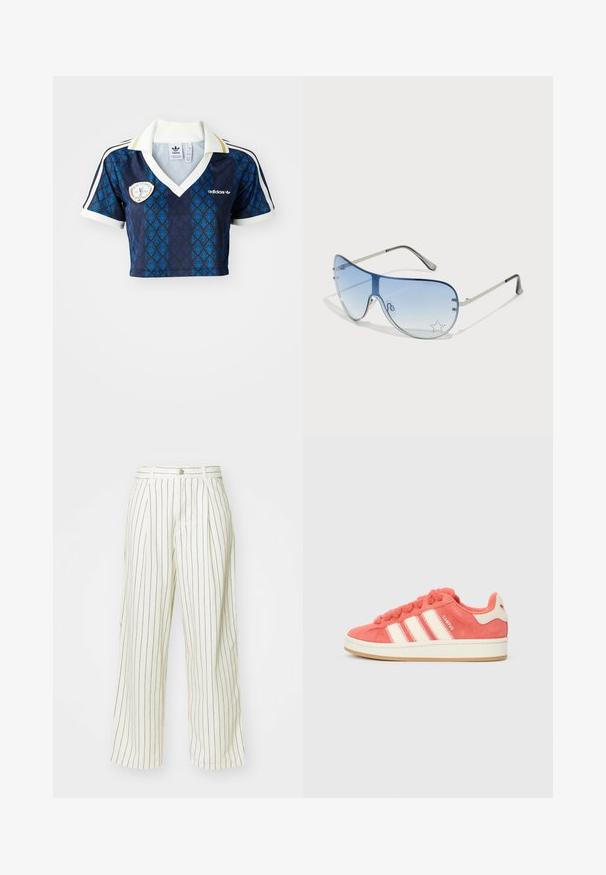 Cropped blue and green patterned polo shirt featuring a white collar, white sleeve cuffs, and an emblem on the chest. Made of lightweight fabric.; Wide-leg trousers in cream fabric with vertical brown stripes, featuring a button closure and front pleats for added design detail.; Pink suede sneaker with cream stripes, round laces, and a textured tongue. Features a gum rubber sole and a logo on the heel.; Aviator sunglasses featuring a gradient blue lens, silver metal frame, and decorative star accents on the lens. Smooth and sleek design.