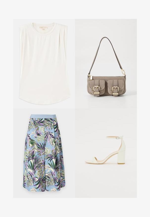 Balta bez piedurknēm topa, izgatavots no gludas auduma, ar apaļu kakla izgriezumu un smalkām krokām uz pleciem, ar izliekta apakšmalu.; Ceļgalu garš svārki ar zilu pamatu un spilgtu tropisko lapu rakstu zaļā, violetā un bēšā krāsā, pabeigta ar gaiši zilu jostasvietu.; Balts ādas blokpārklājs ar siksniņu ap potīti, kurai ir sprādze un minimālistisks dizains. Atvērta purna un gludas virsmas visā apavā.; Bežs teksturēts roku soma ar regulējamu siksnu, divas priekšējās kabatas, kas aizveras ar sprādzēm, un zelta aksesuāriem. Augšā ar rāvējslēdzēja aizdari.