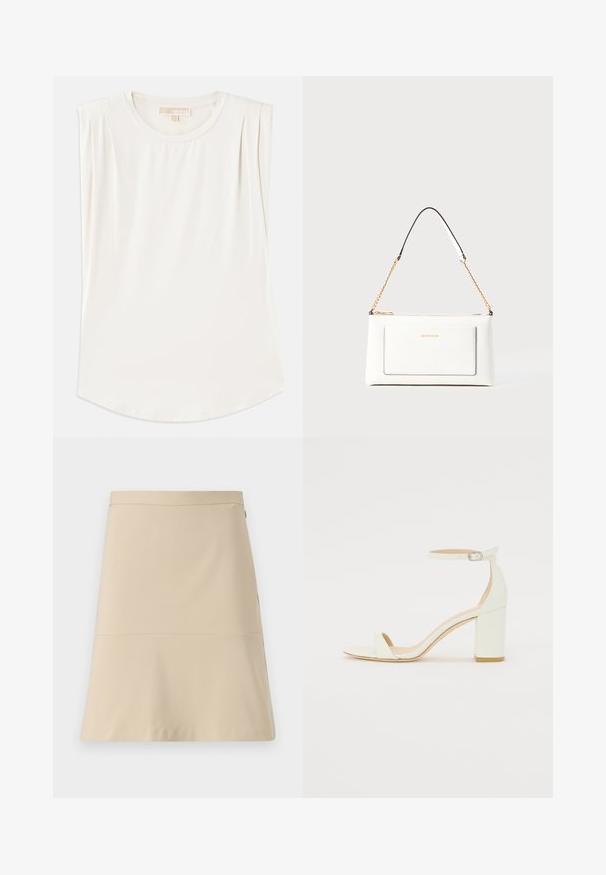 Balta be rankovių palaidinė, pagaminta iš lygios medžiagos, su apvaliu iškirpimu ir subtiliomis klostėmis ant pečių, turinti lenktą apatinį kraštą.; Šviesiai ruda sijonas su platėjimo dizainu, lygia tekstūra ir horizontali siūlės detalė aplink vidurinę dalį. Yra šoninė užtrauktuko uždarymo funkcija.; Baltos odos blokinio kulno sandalai, su kulkšnies dirželiu ir sagtimi, minimalistinio dizaino. Atvira pirštų dalis ir sklandžios tekstūros visoje. ; Balta odinė rankinė su tekstūruotu paviršiumi, turinti auksinį grandinėlės dirželį ir juodas detales. Įskaičiuota priekinė kišenė ir užtrauktuko uždarymas.