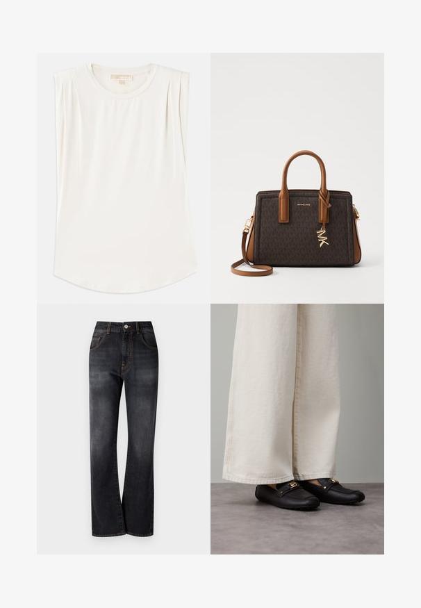 Vit ärmlös topp i mjukt tyg, med rund halsringning och subtila veck på axlarna, samt rundad nederkant.; Svarta denimjeans med rak passform, utsmyckade med orange sömmar, femficksdesign och en klassisk knäppning vid midjan.; Svarta läderloafers med gulddetaljer, använda med vida, cremefärgade byxor, som visar en jämn textur och en rundad form.; MICHAEL Michael Kors LAILA SATCHEL - Handväska - brown