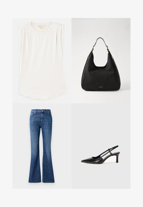 White sleeveless top made of smooth fabric, featuring a round neck and subtle pleats on the shoulders, with a curved hemline.; Blue flared jeans made of denim, featuring a high waist, five pockets, and a subtle whiskering pattern near the seams.; Black patent slingback heel with a pointed toe, featuring textured snake print, adjustable strap, and a short, textured block heel.; MICHAEL Michael Kors NOLITA HOBO  - Handbag - black