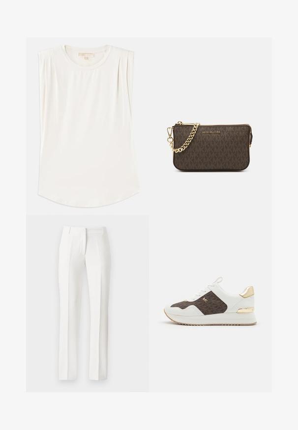 White sleeveless top made of smooth fabric, featuring a round neck and subtle pleats on the shoulders, with a curved hemline.; White tailored trousers with a straight leg, featuring a flat front, side pockets, and a smooth texture, made from lightweight fabric.; White sneakers with brown patterned fabric panel, gold hardware accents, round toe, lace-up design, and textured rubber sole.; Brown leather crossbody bag with logo pattern, gold chain strap, zipper closure, and gold hardware accents. Compact and rectangular shape.