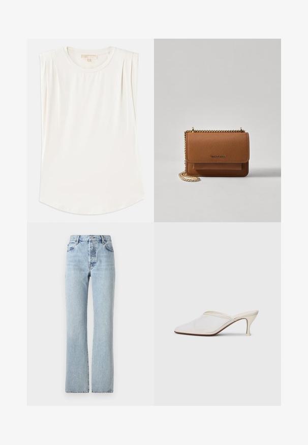 Bílý bezrukávový top z hladké látky, s kulatým výstřihem a jemnými sklady na ramenou, s křivkovým lemem.; Světle modré džíny s vysokým pasem, rovnými nohavicemi, klasickým designem s pěti kapsami a jemným vyblednutím po celém povrchu.; Bílé síťované psací muly s špičatou špičkou, štíhlým středně vysokým podpatkem a designem na nazouvání na jednobarevném pozadí.; Hnědá texturovaná kožená kabelka přes rameno se zlatým řetízkovým popruhem a klopnovým uzavíráním. Přední strana obsahuje detail loga a kapsu pod klopou.