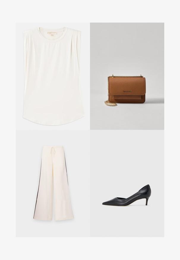 Top sans manches blanc en tissu lisse, avec un col rond et de légères plis aux épaules, et un ourlet incurvé.; Pantalons larges créme en tissu lisse, avec une taille à cordon et des rayures contrastantes foncées sur les côtés. Conception à l'avant plat, sans poches.; Escarpin en cuir noir avec un bout pointu et un talon bas. Présente une texture lisse et un éclat subtil. Découpe ouverte à l'avant pour un détail supplémentaire.; Sac en cuir texturé marron en bandoulière avec une sangle en chaîne dorée et une fermeture à rabat. L'avant présente un détail de logo et une poche sous le rabat.