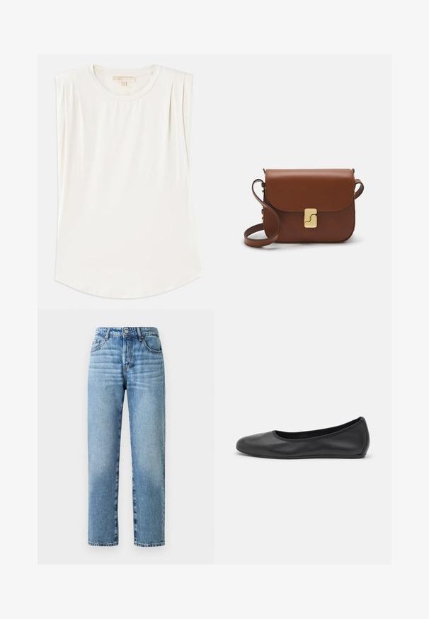Vit ärmlös topp i mjukt tyg, med rund halsringning och subtila veck på axlarna, samt rundad nederkant.; Ljusblå denimjeans med rak bendesign, synlig sömnad, knappstängning och femficksdesign.; Svart läderballerinaskor med rund tå, slät yta, minimala söm detaljer och en flexibel sula.; Brun läderhandväska med klaffstängning, guldfärgad hårdvara, axelrem och en slät yta. Kompakt rektangulär form.