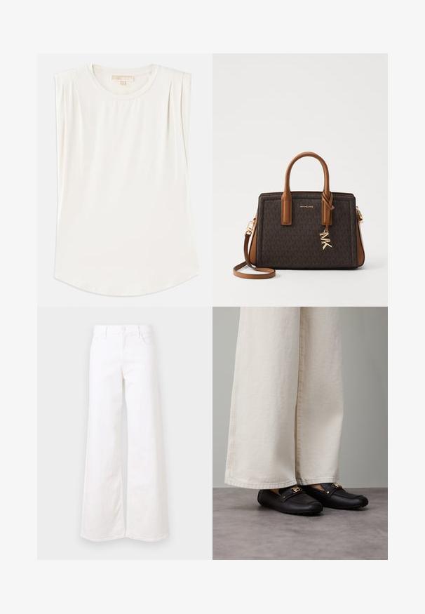 Top branco sem mangas feito de um tecido liso, com um decote redondo e pregas subtis nos ombros, apresentando uma bainha curva.; Jeans largos brancos em denim, com bolsos frontais, fecho por botão e um corte descontraído. Textura suave com detalhes mínimos.; Mocassins pretos de couro com detalhes em metal dourado, usados com calças largas de cor creme, mostrando uma textura suave e formato arredondado.; MICHAEL Michael Kors LAILA SATCHEL - Mala de mão - brown