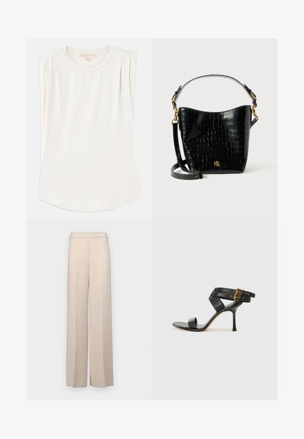 Biely top bez rukávov vyrobený z hladkej tkaniny, s okrúhlym výstrihom a jemnými skladmi na pleciach, s zakriveným lemom.; Béžové nohavice s širokými nohavicami z hladkej tkaniny, s vysokým pásom a jemnými prednými skladmi. Bez vreciek alebo viditeľných horských detailov.; Čierne sandále na podpätku s prekríženými popruhmi a nastaviteľnou prackou. Majú hladkú textúru a zúžený stiletto podpätok.; Čierna kabelka z kože s embosovaným hadím vzorom, zakriveného tvaru, so zlatými kovovými doplnkami, nastaviteľným popruhom a detailom loga na prednej strane.