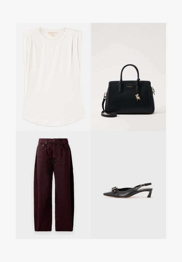 Hvit ermeløs topp laget av glatt stoff, med rund hals og subtile plisseringer på skuldrene, samt en buet sømkant.; Bordeaux videbukser i bomuldsdenim med høj talje, forlommer og synlige syninger. Klassisk fem-lomme design.; Svarte skinn slingback-sko med spiss tå, liten hæl og dekorativ spenne-detalj på overdelen. Glatt tekstur, minimalistisk design.; Svart skinnhåndveske med strukturert design, doble topphåndtak, avtakbar skulderrem, gullfarget hardware og en logo-detalj.
