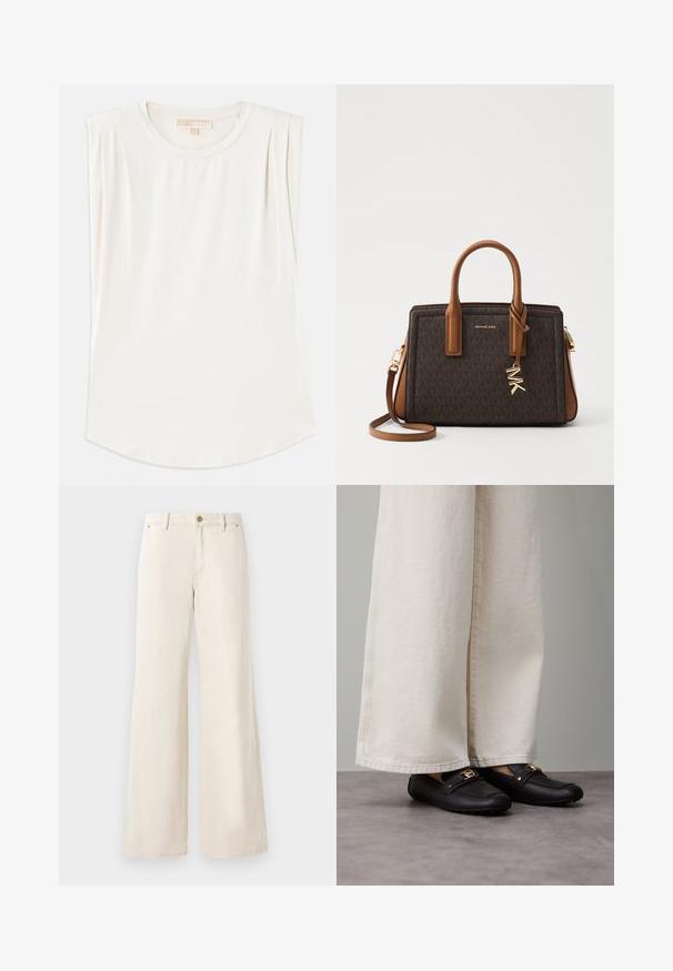 Hvit ermeløs topp laget av glatt stoff, med rund hals og subtile plisseringer på skuldrene, samt en buet sømkant.; Beige vide benbukser laget av bomull med en jevn tekstur. Har knappelukking, frontlommer og et klassisk beltestedesign.; Sorte lærloafere med gullfarget metall, brukt med vide, kremfargede bukser, som viser en jevn tekstur og rund form.; MICHAEL Michael Kors LAILA SATCHEL - Håndveske - brown