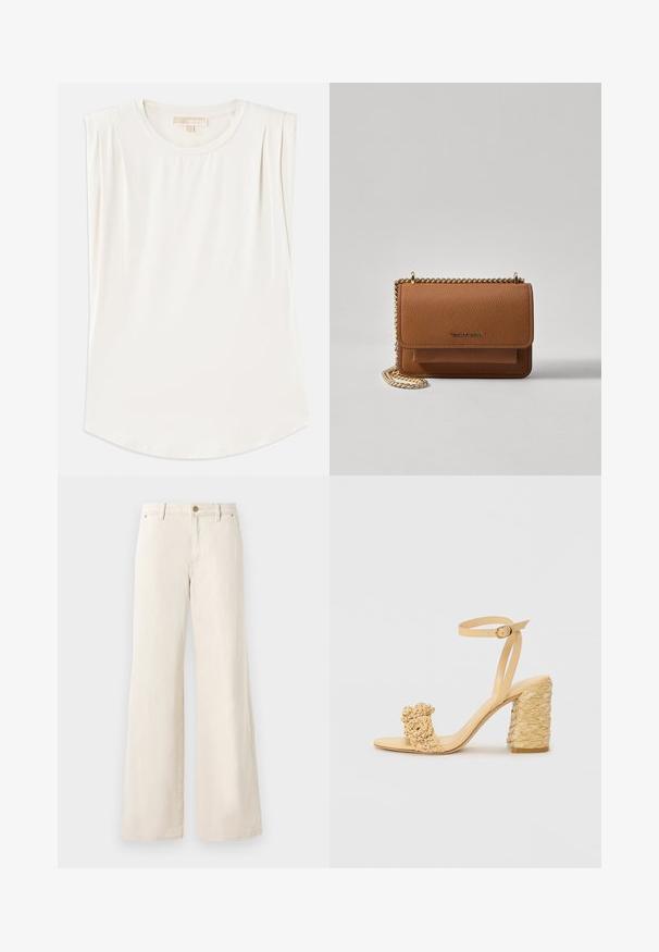 Valge ilma varrukateta tipp, mis on valmistatud siledast kangast, ümara kaelusega ja õlgadel on peened voldid, millel on kõverdatud alläärega.; Beesidude laiats püksid, mis on valmistatud puuvillast ja millel on sile tekstuur. Omavad nööbiga kinnitamist, eesosas taskud ja klassikaline puusakujundus.; Beez kõrge kontsaga sandaalid, millel on punutud tekstuur, dekoratiivne lilleke ja pahkluu rihm. Ruudukujuline konts tagab stabiilsuse.; Pruun tekstureeritud nahk ristkeha kott kuldse ahelaga rihmaga ja klapiga sulgemine. Esiküljel on logo detail ja tasku klapi all.