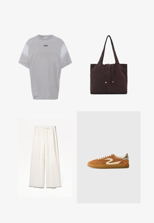 Lichtgrijs T-shirt met korte mouwen, featuring een ronde hals, een losvallende pasvorm en een klein zwart logo op de voorkant. Soepele katoenen stof.; Witte wijde broekspijpen gemaakt van lichte stof, met een elastische tailleband, trekkoord en zijzakken zonder zichtbare patronen.; Suède sneakers in bruin en crème, met een uniek zigzagdesign, beige veters en een gumrubberen zool. Metallic accenten op de hiel.; Mango Shopper - dark brown