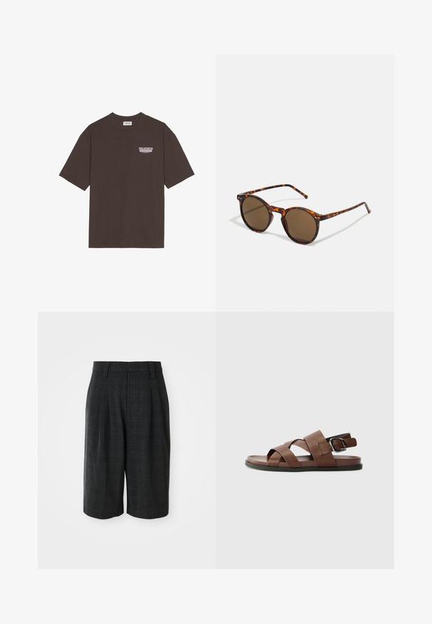 Smeđa pamučna majica s opuštenim krojem, kratkim rukavima i malim grafičkim natpisom "DELIKATNO OSVEŽAVAJUĆE VOĆE" u bijeloj i ljubičastoj boji.; Tamno sivi kratki hlače do koljena, krojene, s diskretnim kariranim uzorkom i petljama za remen na plain bijeloj pozadini.; Smeđe kožne sandale s križnim trakama, podesivim kopčanjem, ravnim potplatom i glatkom teksturom. Minimalistički dizajn u neutralnoj boji.; Naučnjakaste sunčane naočale s okvirom od kornjačevine i smešnim lećama. Ima tanke štake s blagom teksturom i metalnim naglascima blizu leća.
