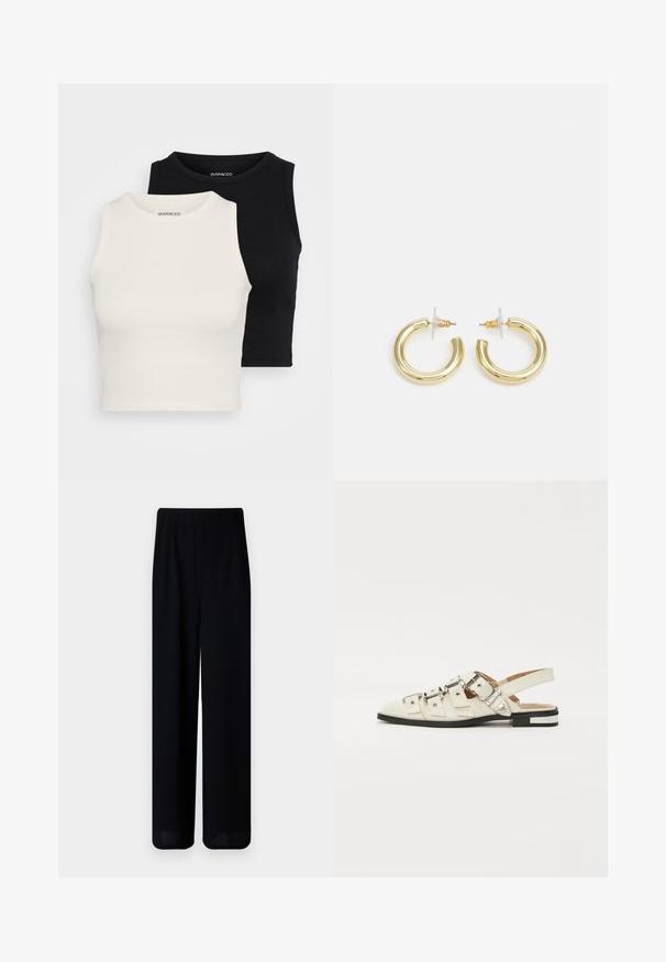 Even&Odd Petite 2 PACK - Top - black/egret; Vero Moda Petite VMLIVA SUPER WIDE PANTS  - Hlače - black; Sandal v slogu z odprtim peto v beli usnjeni obvali z več širokimi trakovi in srebrnimi zaponkami; ravni podplat z majhno črno peto in kovinskimi detajli.; Zlate uhane v obliki obročkov z gladko, sijočo površino. Krožna zasnova s majhnim nosilcem in prozornim podplatom za varno nošenje.