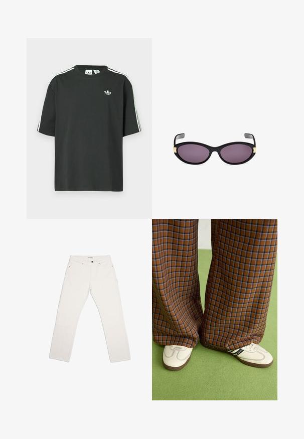 Tricou negru din bumbac cu mâneci scurte, guler rotund și detalii albe cu trei dungi pe umeri. Prezintă un logo mic alb pe piept.; Pantaloni cargo albi, cu două buzunare frontale, design cu picior drept și pete întărite la genunchi. Confecționați dintr-o țesătură rezistentă de bumbac.; Pantaloni largi cu carouri maro și albastru, asociați cu pantofi albi cu accente negre și tălpi texturate, împotriva unui fundal verde.; Ochelari de soare negri cu lentile purpurii. Au accente aurii lângă temple. Ramă din plastic neted cu finisaj lucios.