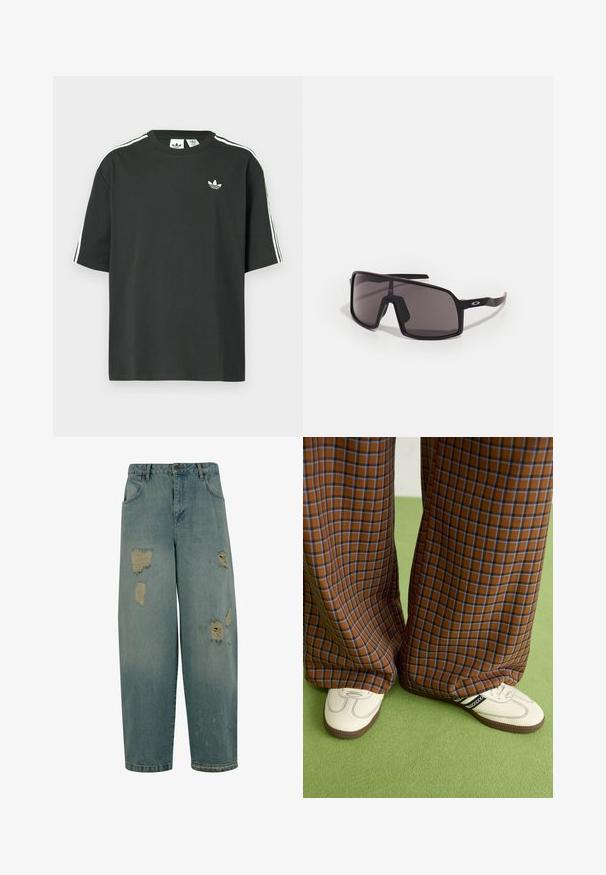 Tricou negru din bumbac cu mâneci scurte, guler rotund și detalii albe cu trei dungi pe umeri. Prezintă un logo mic alb pe piept.; Jeans din denim de culoare albastră deschisă, cu o croială lejeră, având multiple zone distruse și margini desfăcute. Design clasic cu cinci buzunare.; Pantaloni largi cu carouri maro și albastru, asociați cu pantofi albi cu accente negre și tălpi texturate, împotriva unui fundal verde.; Ochelari de soare dreptunghiulari negri cu lentile închise, ramă largă și brațe subțiri negre. Prezintă un logo pe tampoane. Textură netedă.