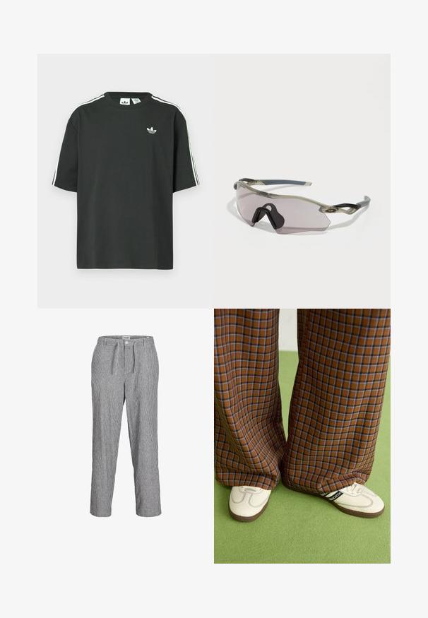 T-shirt preta de algodão com mangas curtas, gola redonda e detalhe branco de três riscas nos ombros. Apresenta um pequeno logotipo branco no peito.; Calças riscas em azul e branco, com um ajuste relaxado, fecho de botão e textura de tecido suave. Acentuadas com bolsos laterais.; Calças largas em padrão xadrez castanho e azul, combinadas com sapatos brancos com detalhes pretos e solas texturizadas, contra um fundo verde.; Óculos de sol com uma armação cinza translúcida, lentes com tonalidade e design angular. Apresenta um suporte nasal distinto e hastes em cinza escuro texturizado.
