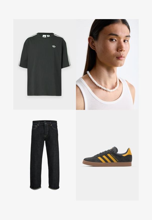 Melna kokvilnas T-krekls ar īsām piedurknēm, apaļu kakla izgriezumu un baltām trim svītrām uz pleciem. Uz krūtīm neliels balts logo.; Tumši zila džinsu bikses ar taisnu piegriezumu, ar pogu un rāvējslēdzēju, ar sarullētām piedurknēm un kontrastējošiem šuvju elementiem.; Melnas zamšādas kedas ar dzelteniem akcentiem, kurām ir trīs svītras un brūna gumijas zole. Iekļauta mīksta valkāšanas tongue komfortam.; Balta čaulu kaklarota, kas sastāv no neregulārām formām, valkāta virs pieguļošas baltas topiņas. Gluda tekstūra ar smalku spīdumu, cieši piegulošs dizains.