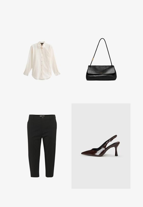 Ljusfärgad, långärmad skjorta med knappar som har en krage, en bröstficka och en mjuk textur med en något rundad fåll.; Svarta beskurna byxor gjorda av ett glatt tyg, med knappstängning, framfickor och rak bendesign.; Bruna lackläders slingback-klackar med spetsig tå, en tunn klack och justerbar rem med ett litet spänne.; Svart läderväska med ett vikbart lock, smal axelrem och guldfärgade detaljer. Slät struktur med minimalistisk design.; Silver rektangulär klocka med metallarmband, texturerad vit urtavla och minimalistiska timmarkeringar. Märket "ROSEFIELD" visas.
