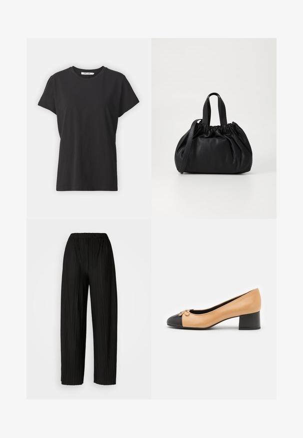 Black cotton t-shirt with a classic crew neck, short sleeves, and a relaxed fit. Smooth texture, no visible patterns or accents.; Black pleated wide-leg pants with an elastic waistband. The fabric features vertical pleats and a smooth texture.; Beige leather pump with a black rounded toe, small bow detail, and a low block heel. Smooth texture and a classic silhouette.; Black leather handbag with a gathered top design, featuring two short handles and a long adjustable strap. Smooth texture, rounded shape.