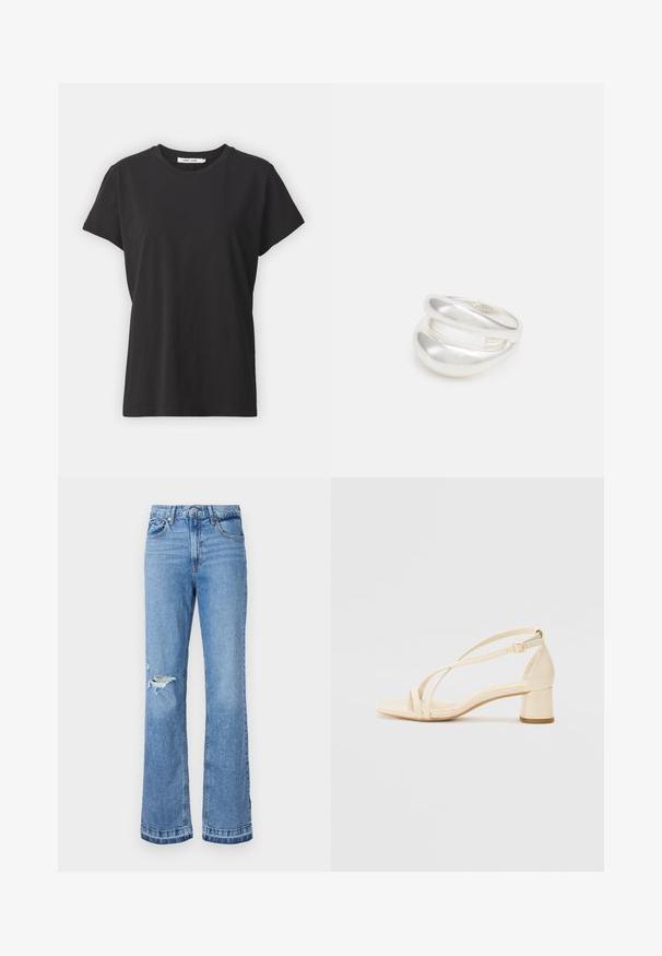 Melna kokvilnas T-kreklā ar klasisku apaļu kaklu, īsām piedurknēm un brīvu piegriezumu. Gluda tekstūra, nav redzamu rakstu vai akcentu.; Gaiši zili džinsu plati diegi ar augstu jostasvietu, ar plīsumu labajā ceļgalā un šuvju detaļām gar šuvēm un apakšmalu.; Beige augstiem papēžiem ar bloku, ar siksniņu dizainu un regulējamu potītes siksniņu, izgatavoti no gludas sintētiskas materiāla ar matētu apdari.; Sudraba divu joslu gredzens ar gludu, pulētu virsmu. Iezīmējas ar plūstošu, izliekta dizaina struktūru ar pārklājošām sekcijām modernam izskatam.; Sudraba divu joslu gredzens ar gludu, pulētu virsmu. Iezīmējas ar plūstošu, izliekta dizaina struktūru ar pārklājošām sekcijām modernam izskatam.; Sudraba divu joslu gredzens ar gludu, pulētu virsmu. Iezīmējas ar plūstošu, izliekta dizaina struktūru ar pārklājošām sekcijām modernam izskatam.