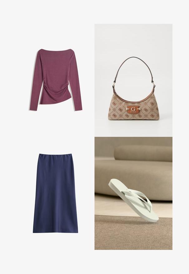 Langärmliges mauvefarbenes Oberteil mit Bootsausschnitt, tailliert mit dezenten Rüschendetails auf beiden Seiten, auf weißem Hintergrund flach präsentiert.; Knieumischer Marineblau-Rock aus glattem Stoff, mit einem einfachen, geraden Design, einem elastischen Bund und ohne sichtbare Verschlüsse.; Hellgrüne Gummi-Zehensandale mit strukturiertem Fußbett und dünnen Riemen, erhoben über einem weichen, neutral getönten Hintergrund.; Beige Stofftasche mit braunen gemusterten Akzenten. Sie hat eine geschwungene Form, einen einzelnen Tragegurt und ein Logo-Schild an der Vorderseite mit silberner Hardware.