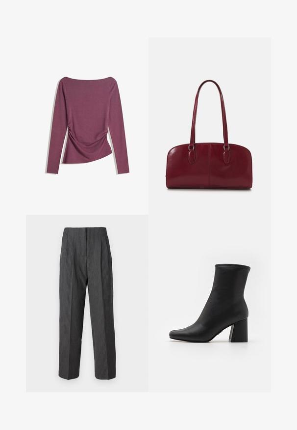 Dlouhý rukáv mauve top s lodičkovým výstřihem, přiléhavý pas se subtilním řasením na obou stranách, zobrazený na bílém pozadí.; 2nd Day CARTER - Kalhoty - dark grey; Černé kotníkové boty vyrobené z hladké kůže s špičatou špičkou a silným, obdélníkovým podpatkem. Vyznačují se prošitým horním okrajem pro přidaný detail.; Zign LEATHER - Kabelka - dark red