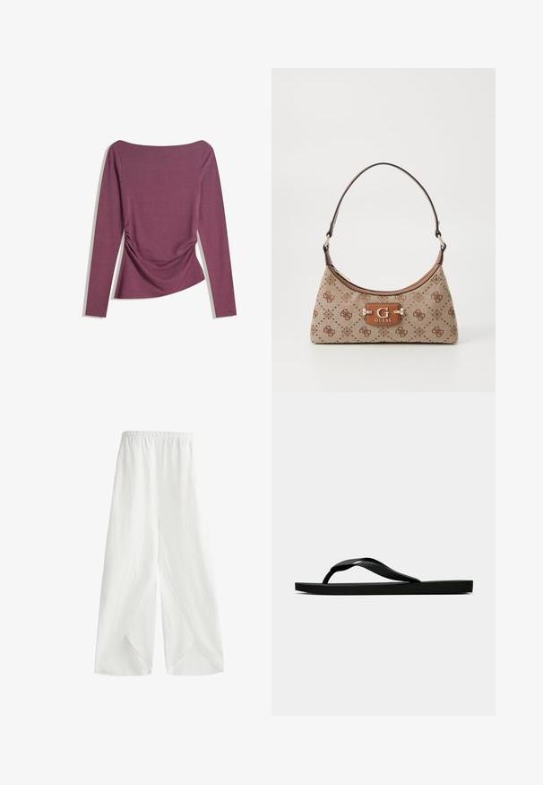 Dlhý rukáv jemne fialový top s lodičkovým výstrihom, priliehavý pás s jemným zberaním po oboch stranách, zobrazený plochý na bielom pozadí.; Biele široké nohavice vyrobené z ľahkej tkaniny s elastickým pásom a bočnými rozparkami pre priedušnosť a pohodlný pohyb.; Čierne gumené žabky s textúrovaným popruhom a jednoduchou plochou podrážkou, zobrazené z boku na jednofarebnom svetlom pozadí.; Taška cez rameno z béžovej tkaniny s hnedými vzorovanými akcentmi. Má zakrivený tvar, jedno ramenné ucho a prednú značkovú plaketu so striebornými kovovými prvkami.