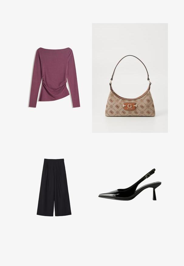 Langärmliges mauvefarbenes Oberteil mit Bootsausschnitt, tailliert mit dezenten Rüschendetails auf beiden Seiten, auf weißem Hintergrund flach präsentiert.; Schwarze weit geschnittene Hose mit Falten, gefertigt aus einem glatten Stoff. Sie hat eine hohe Taille und einen klaren, maßgeschneiderten Schnitt.; Schwarze Lackleder Slingback-Pumps mit spitzem Zeh, ausgeschnittenen Seiten, verstellbarem Knöchelriemen und einem dünnen, eleganten Absatz.; Beige Stofftasche mit braunen gemusterten Akzenten. Sie hat eine geschwungene Form, einen einzelnen Tragegurt und ein Logo-Schild an der Vorderseite mit silberner Hardware.