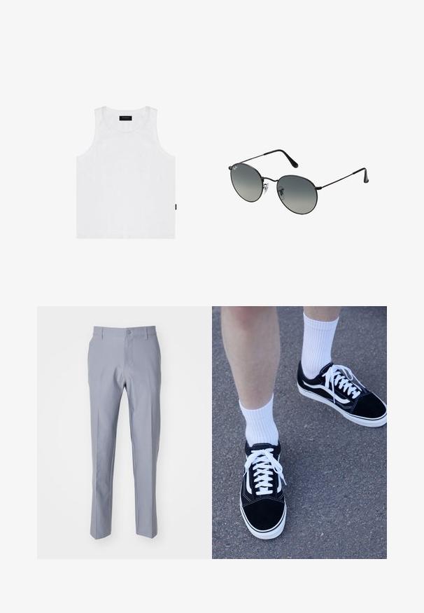 Baltas medvilnės bakas su apvaliu iškirpimu ir plačiomis rankovėmis, ant krūtinės yra mažas švelniai mėlynas logotipas ir šoninė etiketė.; Šviesiai pilki kelnių iš lygaus audinio. Turi klasikinį siluetą, tiesius kampe ir mygtuko užsegimą juosmenyje.; Juodi zomšiniai sportbačiai su baltais akcentais ir raišteliais, derinami su baltais raibais aukštakulniais iki kulkšnies, padėti ant tekstūruoto pilko paviršiaus.; Juodos metalinės saulės akinių suapvalintais gradientiniais stiklais, su plonais šventyklomis ir skaidriais nosies pagalvėlėmis, užtikrinančiomis patogų prigludimą.