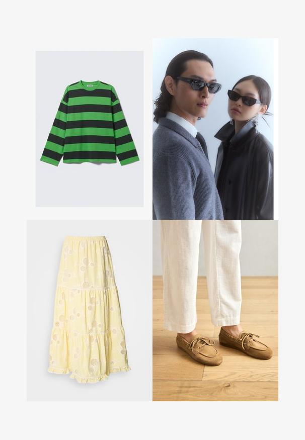 T-shirt à manches longues avec de larges rayures horizontales vertes et noires, fabriqué en tissu doux avec une coupe décontractée et un col rond.; Jupe jaune à plusieurs niveaux en tissu léger, ornée de motifs floraux et de découpes circulaires. Taille élastique et bord en dentelle.; Bateaux en daim marron avec lacets, présentant un bout arrondi et des accents cousus. Portés avec un pantalon en velours côtelé blanc dans un environnement en bois.; Lunettes de soleil avec une monture noire angulaire sur un mannequin portant un pull gris, mettant en valeur un tricot texturé et une veste en cuir noir portée par un autre mannequin.; Sac en cuir noir au design courbé, orné d'étoiles dorées le long du bord, avec une bandoulière ajustable et une boucle sur le côté pour un détail supplémentaire.