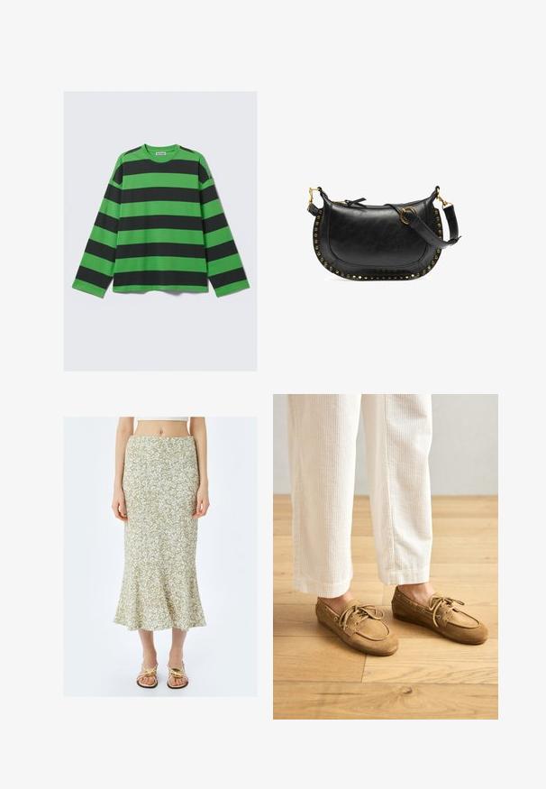 Camiseta de manga larga con llamativas rayas horizontales verdes y negras, fabricada en tela suave con un corte relajado y escote redondo.; Koton MIDI - Falda acampanada - green; Zapatos de barco de ante marrón con cordones, con punta redondeada y detalles de costura. Llevados con pantalones de pana blanca en un entorno de madera.; Bolso de mano de cuero negro con forma curva, tachuelas doradas a lo largo del borde, correa ajustable y un lazo lateral para un detalle adicional.