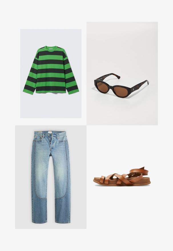 Langærmet T-shirt med kraftige grønne og sorte vandrette striber, lavet af blødt stof med en afslappet pasform og rund halsudskæring.; Lyseblå denimjeans med en lige, løs pasform, der har kontrasterende paneldetaljer og en fem-lommer design. Knap-lukning.; Brune lædersandaler med krydsede stropper, flade såler og let hævet hæl. Blød tekstur og minimalistisk design.; Sorte skildpadde-solbriller med brune linser, kantet design og brede arme med en diskret logodetail. Glat plastisk tekstur.