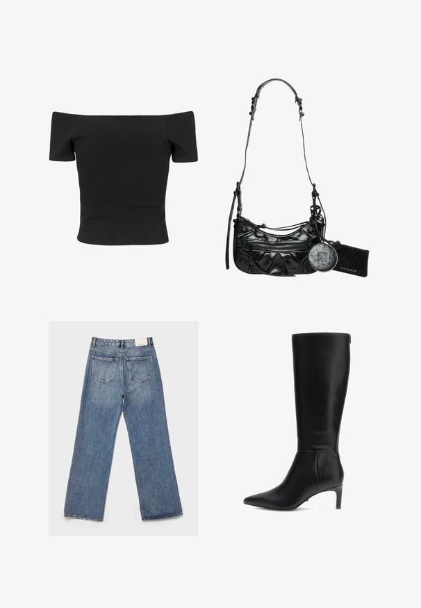 Top nero a coste, senza spalline, con maniche corte, forma aderente, texture liscia e design pulito e semplice.; Jeans in denim azzurro chiaro con un design ampio e svasato. Due tasche posteriori, texture sbiadita e un'etichetta in vita sul retro.; Stivale nero in pelle fino al ginocchio con punta affusolata e tacco basso. Texture liscia e design aderente, caratterizzato da hardware minimale e senza fantasie.; Borsa a tracolla in pelle sintetica nera con design curvo, tasca anteriore con zip e hardware decorativo, completa di una pochette rotonda staccabile per le monete.