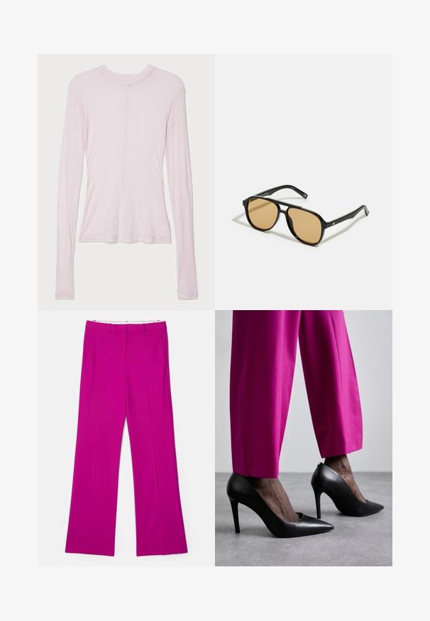BITE Studios CREW NECK - Topper langermet - rose; Fuksia vide bukser med en glat tekstur, der har forlommer og en skræddersyet design for et struktureret udseende.; Sorte høye hæler med spiss tå-design og glatt lærtekstur. Kombinert med klare rosa, skreddersydde bukser.; Svarte solbriller med brune fargede linser; rektangulær form med tykk ramme, inkludert subtile hardware-detaljer på stengene.