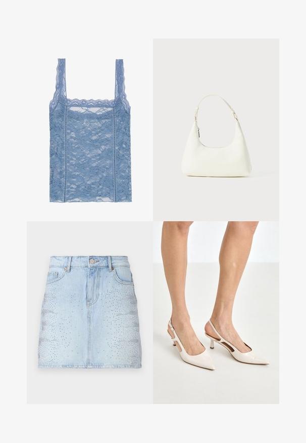 Világoskék csipkés ujjatlan felső vékony pántokkal, fodros csipke díszítéssel és virágmintával, amely a body-hugging sziluettet hangsúlyozza.; Fehér, klasszikus galléros, gombos ing, hosszú ujjaival és laza szabással. Könnyű anyagból készült, sima textúrával.; Világoskék farmer szoknya, texturált szegecses mintával, öt zsebbel és elöl gombos záródással. Egyenes, testhez simuló fazonú.; Beige patent bőr slingback magassarkúk hegyes orral és 5 cm-es sarokkal, kivágott oldalakkal és vékony bokapánttal.; Kicsi fehér válltáska egyetlen állítható pánttal és cipzárral, egy sima fehér háttér előtt.