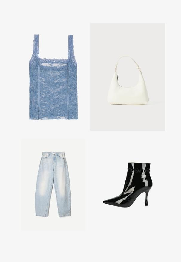 Light blue lace tank top with thin straps, featuring a scalloped lace trim and floral pattern, designed for a fitted silhouette.; White button-up shirt with a classic collar, long sleeves, and a relaxed fit. Made from lightweight fabric with a smooth texture.; Light blue denim jeans with a loose fit, featuring a faded finish, two front pockets, and a button closure at the waistband.; Black patent leather ankle boot with pointed toe, glossy finish, sleek design, and a narrow stiletto heel. Decorative strap accents detail.; Small white shoulder bag with a single adjustable strap and a zipper closure, set against a plain white background.